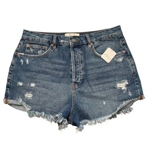 Free People We The Free Lasso Denim Short Button Fly Size 32 Distressed Deep Sea